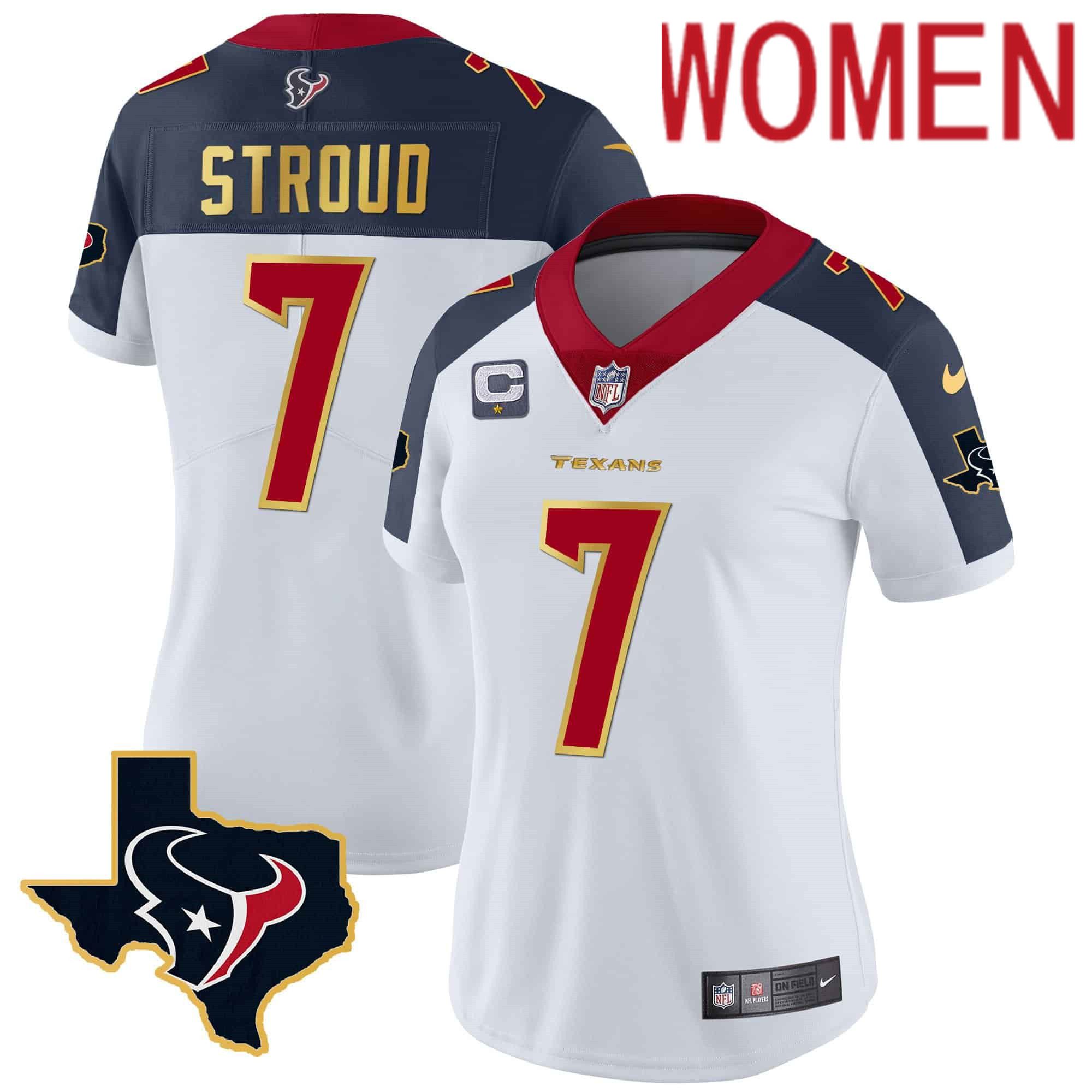 Women Houston Texans #7 Stroud White Gold 2024 Nike Trim Vapor NFL Jersey style 2